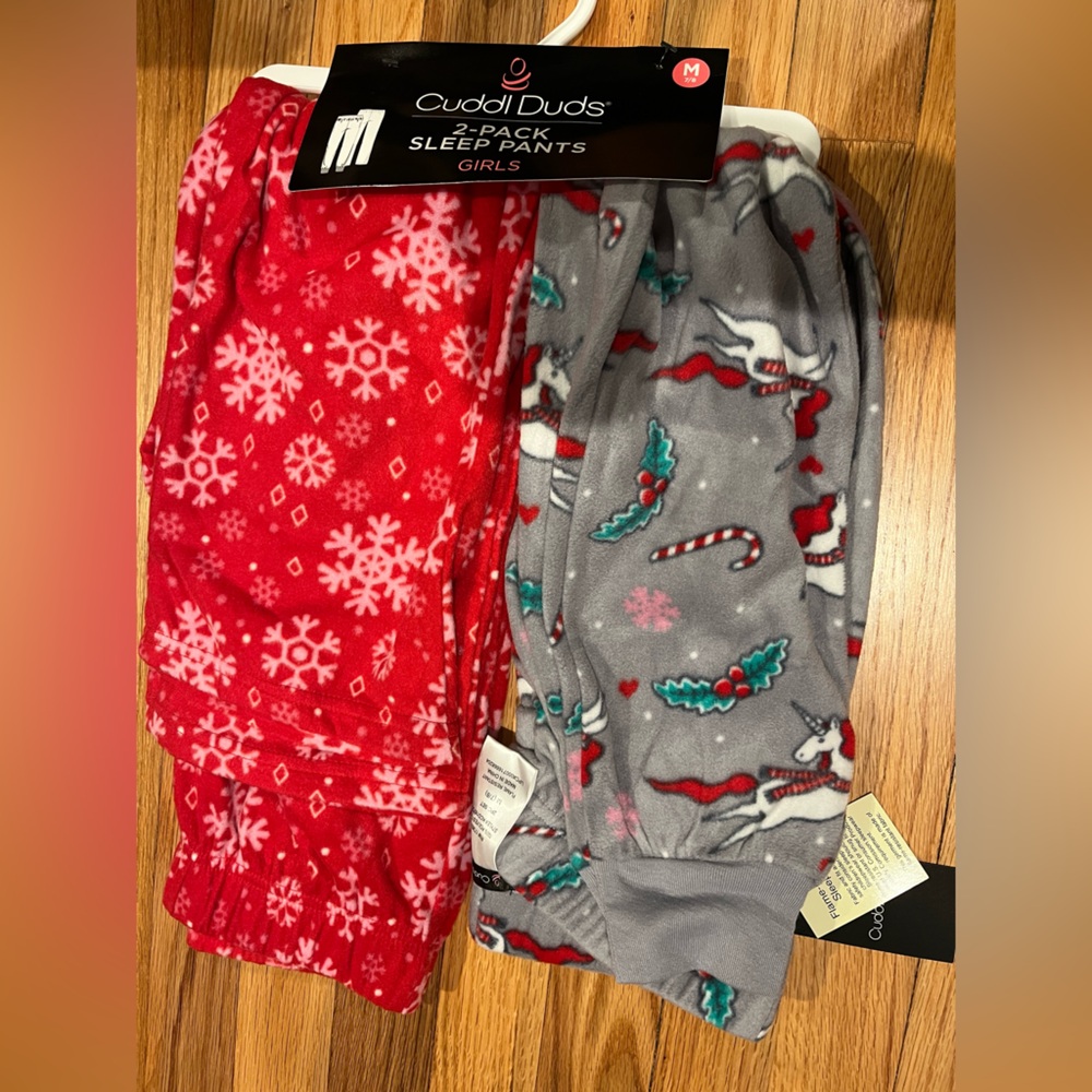 Cuddl Duds Girls' Red Snowflake and Gray Unicorn Pajama Bottoms Medium 7/8 NWT